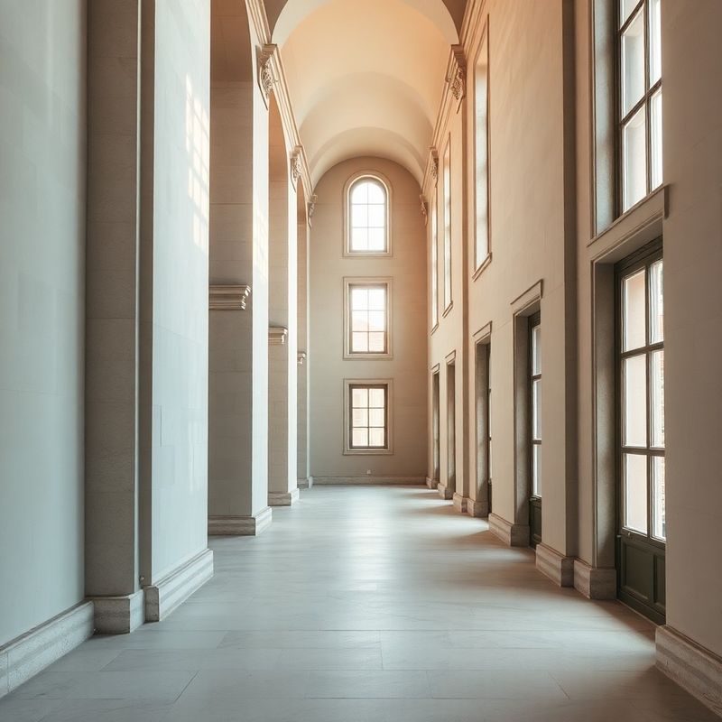 Stone corridor with mint-toned natural light filtering through tall windows