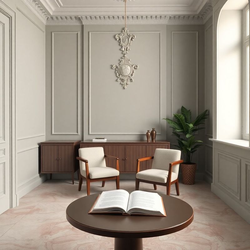 Private advisory office interior in stone-mint tones with warm diffused light
