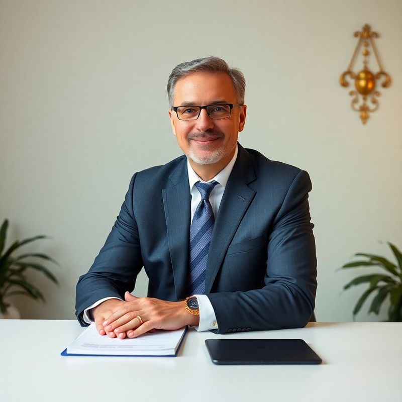Formal portrait of a senior financial advisor at a clean desk