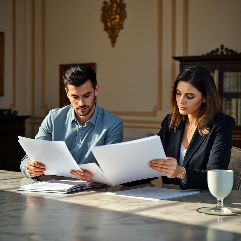 Two professionals reviewing printed documents at a stone-mint conference table